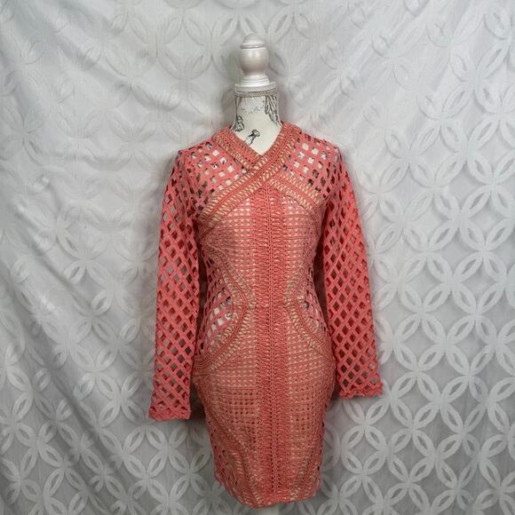 Carli Bybel x Missguided Coral Pink Lace Cut Out Bodycon Dress Size US 6 - Picture 2 of 8